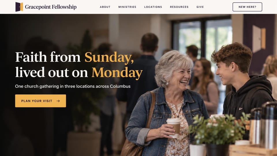 Church website design, multi-site church in warm gold: a woman and a teen laughing in a lobby, white and gold serif headline and a gold button