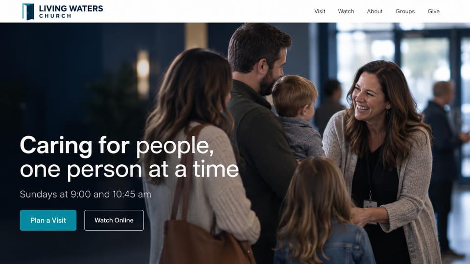 Church website design, church that leads with care: a woman greeting a family in a church lobby, white headline, teal and outlined buttons