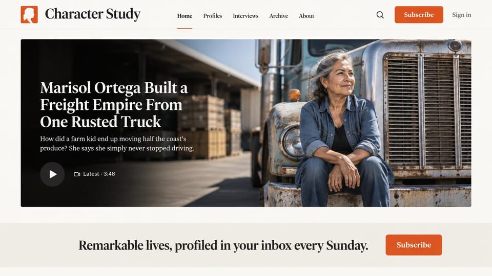 News and magazine website design, profile newsletter with a video lead: cream page, black serif type, orange buttons, a woman sitting on the bumper of an old truck
