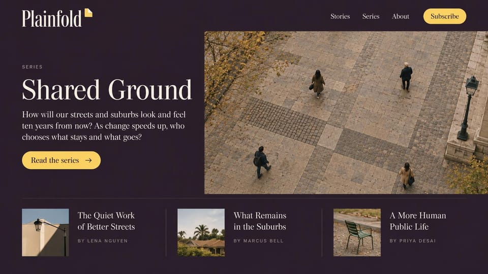 News and magazine website design, urbanism magazine with a series lead on plum: dark plum page, cream serif type, yellow pill buttons, an overhead photo of people crossing a stone plaza, three story previews with small photos