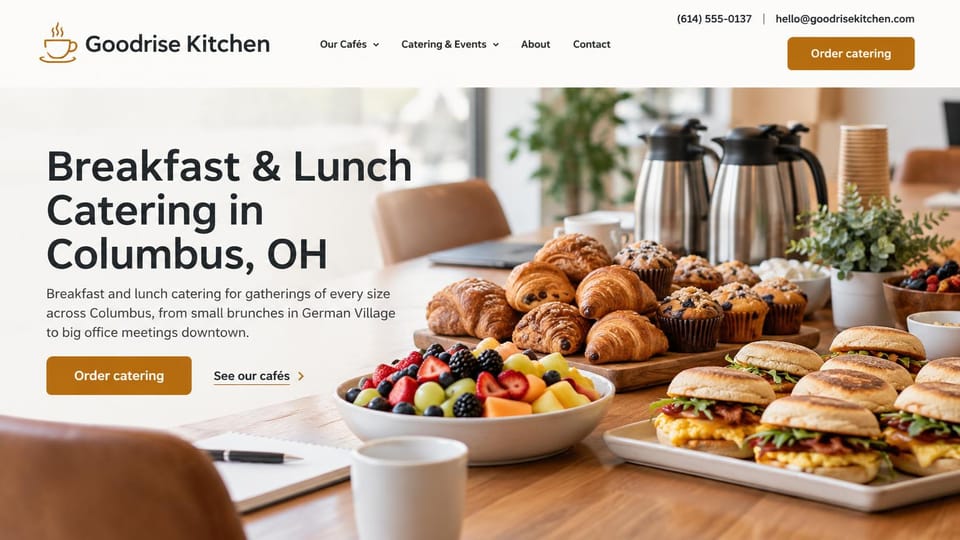 Catering website design, breakfast and lunch catering for offices: white header, a large dark headline over a meeting table of croissants, muffins, fruit, breakfast sandwiches and coffee urns, gold-brown buttons