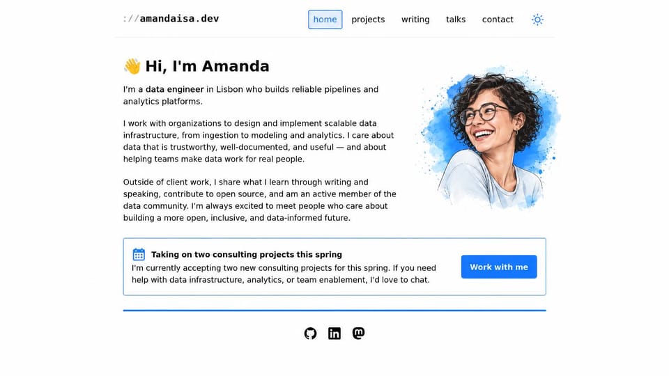 Developer portfolio website design, data engineer with an illustrated portrait: white page, a black hello and bio beside a watercolor-style portrait, a blue outlined box with a work with me button