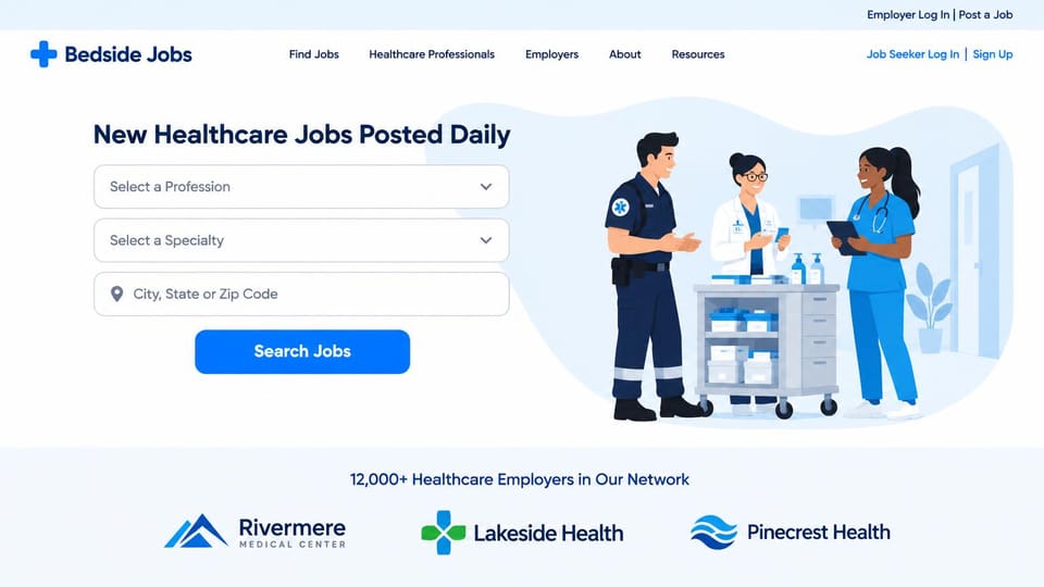 Recruiting website design, healthcare job board with an illustrated team: white and pale blue page, a navy headline, three search fields and a blue button beside an illustrated paramedic, pharmacist and nurse