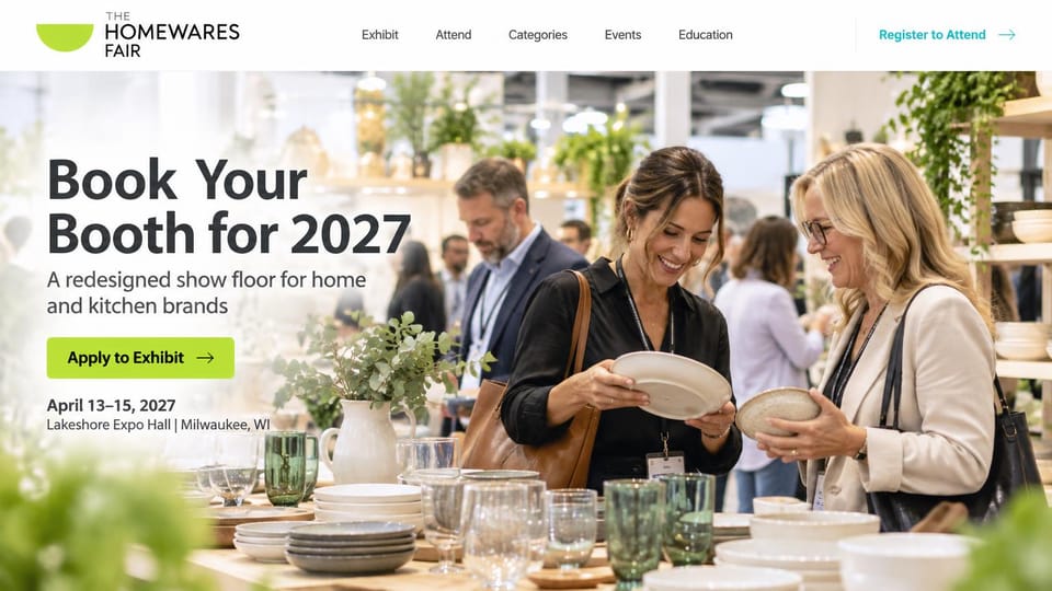 Event website design, home and kitchen trade fair selling booths: white page with a lime bowl logo, dark gray headline over a trade fair photo of two buyers inspecting plates, lime exhibit button, teal registration link