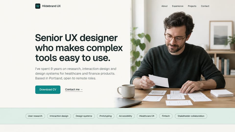 Resume website design, senior UX designer sorting paper wireframes, with a skills strip: warm white page, a large charcoal headline, a teal download CV button, a bearded man in glasses sorting paper wireframe cards at a desk and a mint strip of skill tags