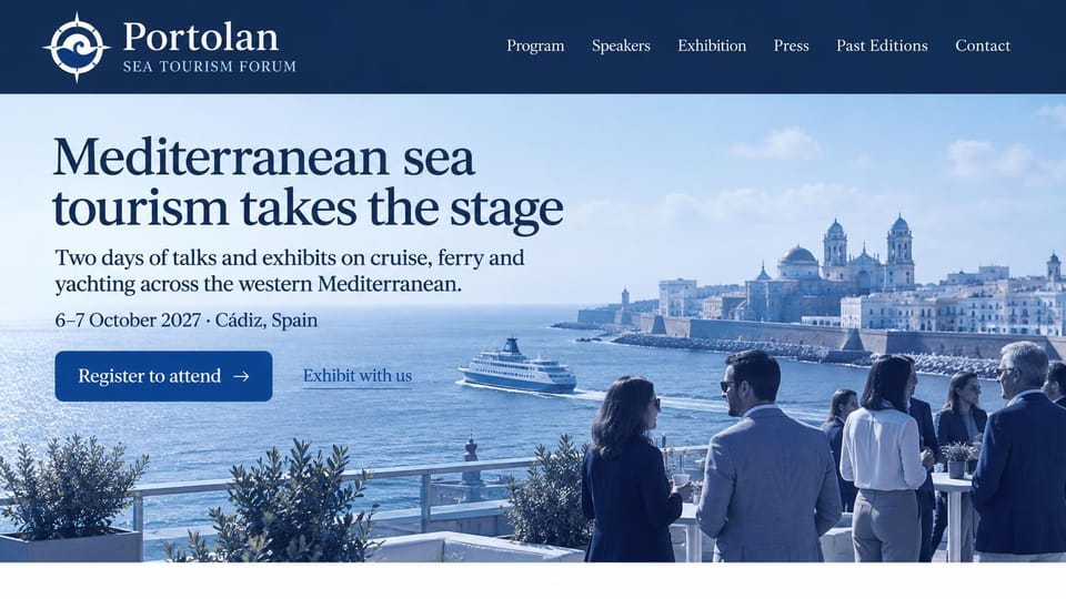 Event website design, cruise and ferry forum in harbor blues: navy header with a compass logo, blue-tinted photo of a domed old harbor town, a ferry and guests mingling on a terrace, navy serif headline, blue register button