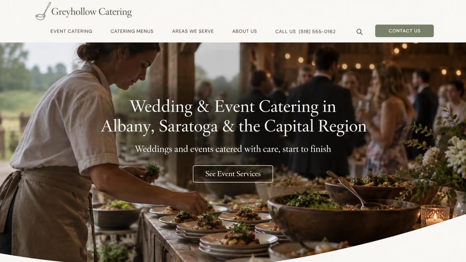Catering website design, regional wedding caterer over a dark buffet scene: cream header with an olive contact button over a darkened photo of a server at a buffet in a rustic hall, a centered white serif headline and an outlined button