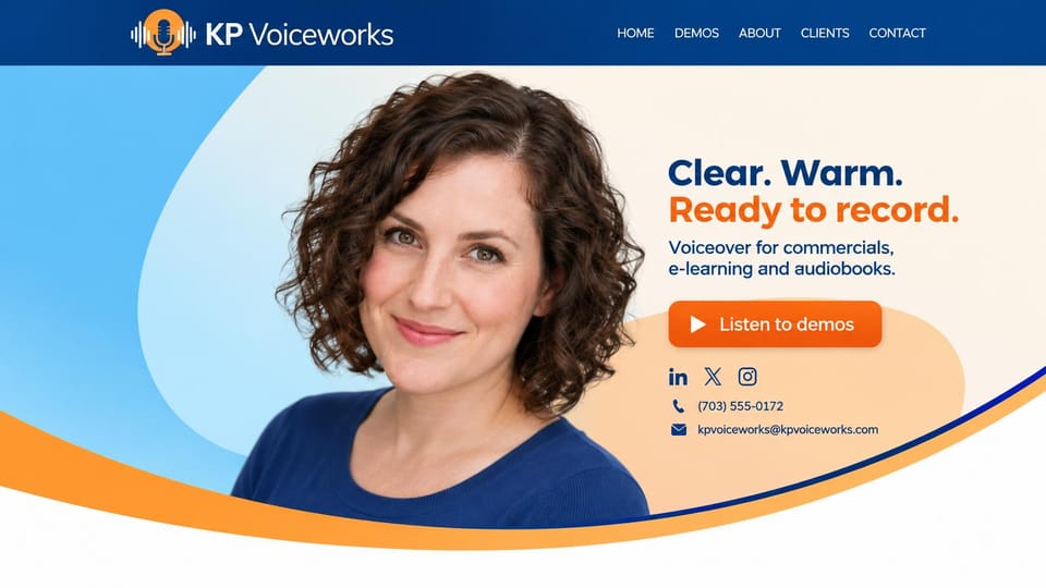 Actor website design, voiceover studio in blue and orange curves: navy header with a microphone logo, sky blue and orange curves around a curly-haired woman, a navy and orange headline, an orange demos button and contact details