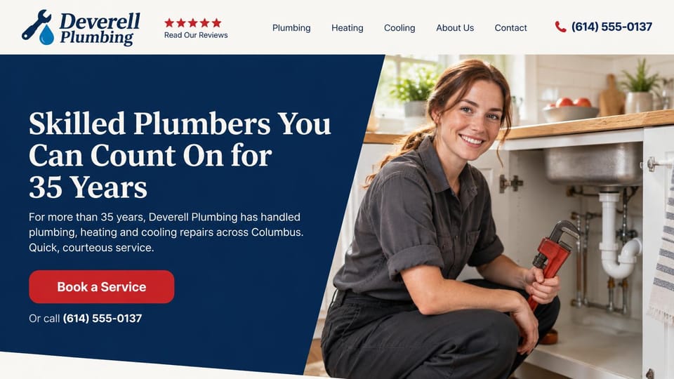 Plumbing website design, plumbing, heating and cooling on an angled navy panel: warm white header with an italic serif logo and red review stars, an angled navy panel with a white serif headline and red book button, a smiling woman plumber holding a red pipe wrench by an open sink cabinet