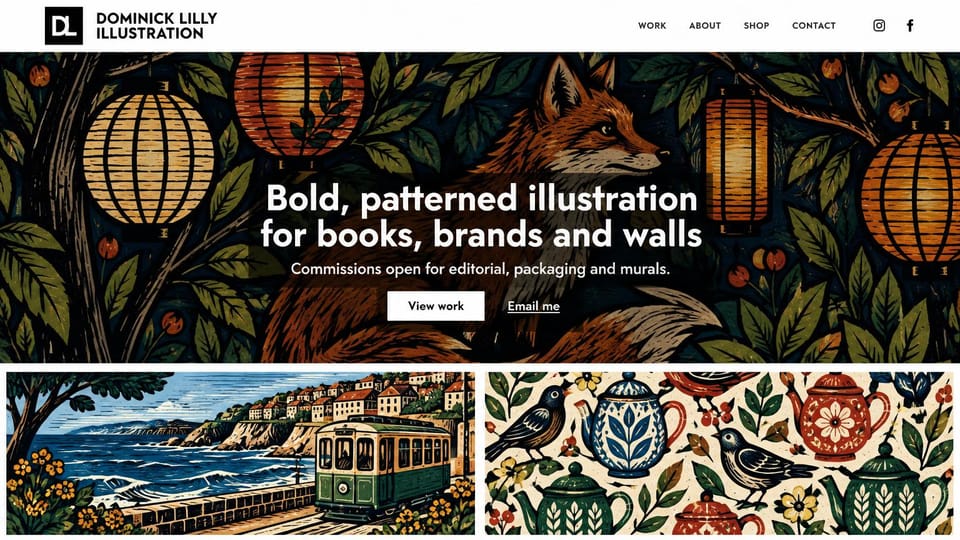 Portfolio website design, patterned illustration with a bold hero: dark patterned illustration of a fox and lanterns behind bold white text, coastal and bird pattern tiles below