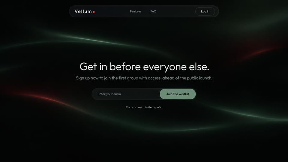 SaaS website design, bare waitlist page in the dark: near-black page with soft green light streaks, a centered white headline and an email field