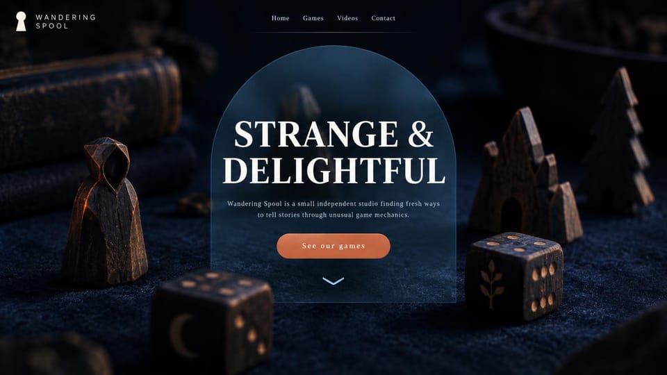Gaming website design, story studio with a handmade tabletop scene: dark navy close-up of carved wooden game pieces and dice, a frosted arch panel with a large white serif headline and a copper button