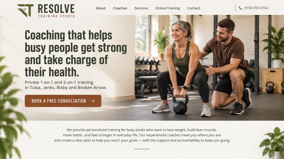 Personal trainer website design, private and partner sessions in a sunny studio: cream page, a tall olive condensed headline, a rust consultation button, a smiling older woman lifting a kettlebell beside her trainer in a sunlit studio with plants
