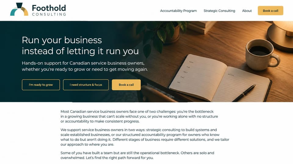 Consulting website design, small business consulting with two paths to choose: white header, dark teal hero beside a desk photo of an open planner and coffee, white headline, gold and outlined buttons, centered text below