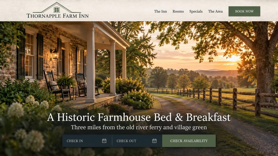 Bed and breakfast website design, historic farmhouse with a dates bar: a stone farmhouse porch with rocking chairs and a fenced lane at sunset, white serif headline over a date bar