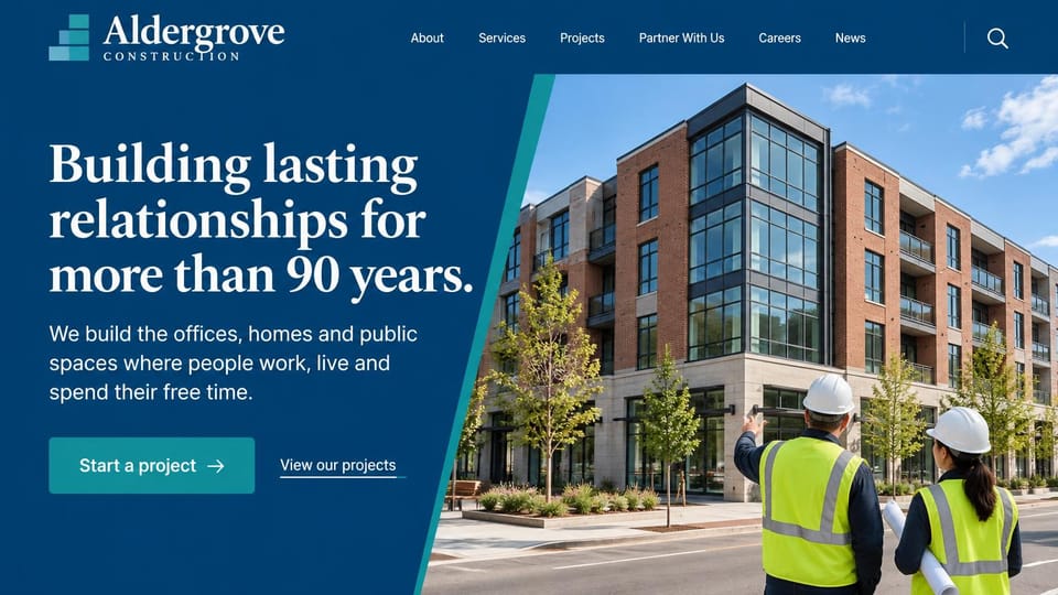 Construction website design, mixed-use and public building contractor in navy and teal: navy page with a teal angled edge, a four-story brick and glass mixed-use building with two builders in vests, a white serif headline and a teal button
