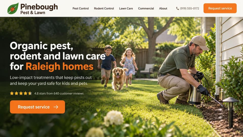 Pest control website design, organic pest and lawn care for families: sunny backyard photo of two children and a golden retriever running past a technician spraying a flower bed, a white and orange headline, an orange request button
