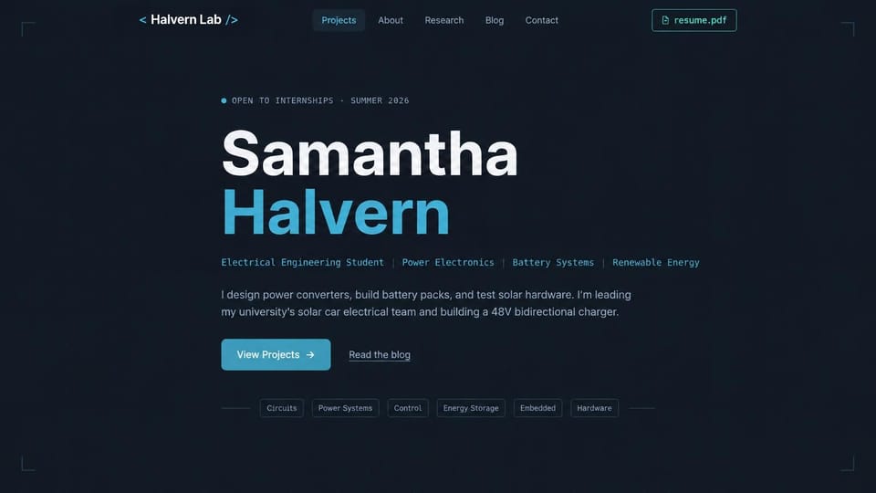 Engineering portfolio website design, electrical engineering student, dark and type only: dark navy page, large white and cyan name, a monospaced line of focus areas, a cyan projects button and a row of skill tags