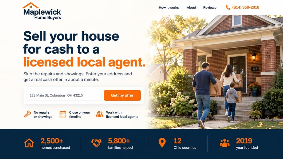 Landing page website design, agent-led cash buyer with a one-field address bar: cream page, a navy headline ending in orange, an address bar with an orange button, a family carrying boxes up brick porch steps, a navy stats strip