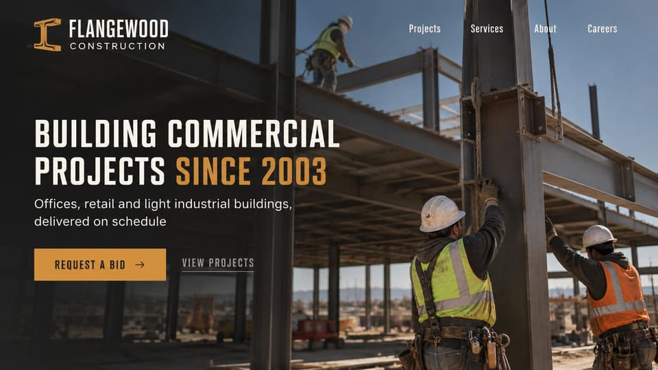 Construction website design, steel-frame commercial builder in black and gold: dark steel frame photo with ironworkers in hard hats and vests, a tall cream and gold condensed headline and a gold button