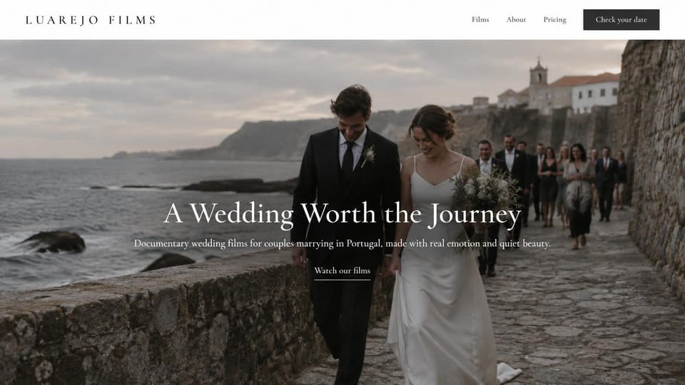 Wedding photographer website design, documentary wedding films on a clifftop path: white header with spaced serif capitals and a charcoal date button, a full-screen photo of a couple walking a stone clifftop path with guests behind, centered white serif text