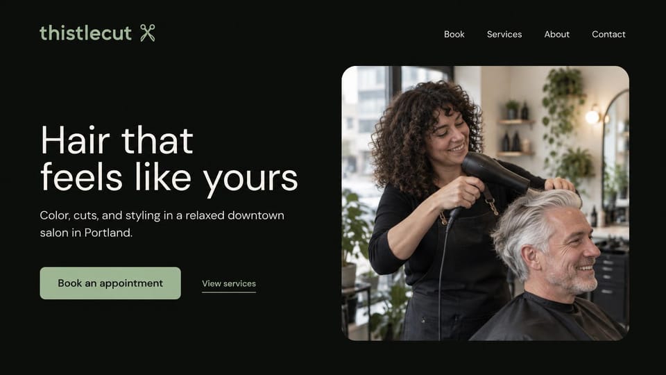 Salon website design, downtown hair salon with a photo card: near-black page, a white headline and sage button beside a rounded photo of a stylist blow-drying a client