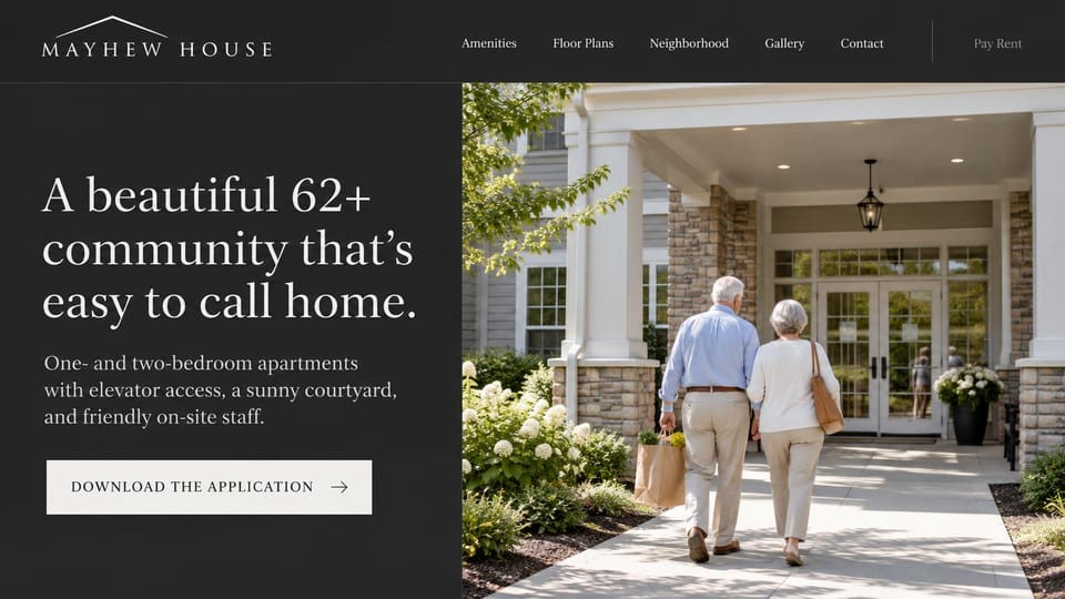Apartment website design, senior apartments with an application download: charcoal left panel with a white serif headline and a light application button, beside an older couple, one carrying a grocery bag, walking to a columned porch entrance