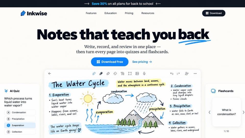 Mobile app website design, study app with handwritten notes: white page, bold black headline, a blue download button and handwritten notes with a quiz card
