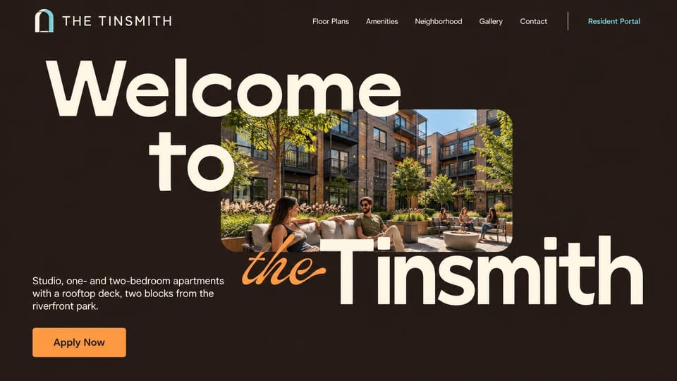 Apartment website design, apartments with an oversized welcome: dark brown page, oversized cream sans headline wrapped around a sunny courtyard photo, an orange script word and an orange apply button
