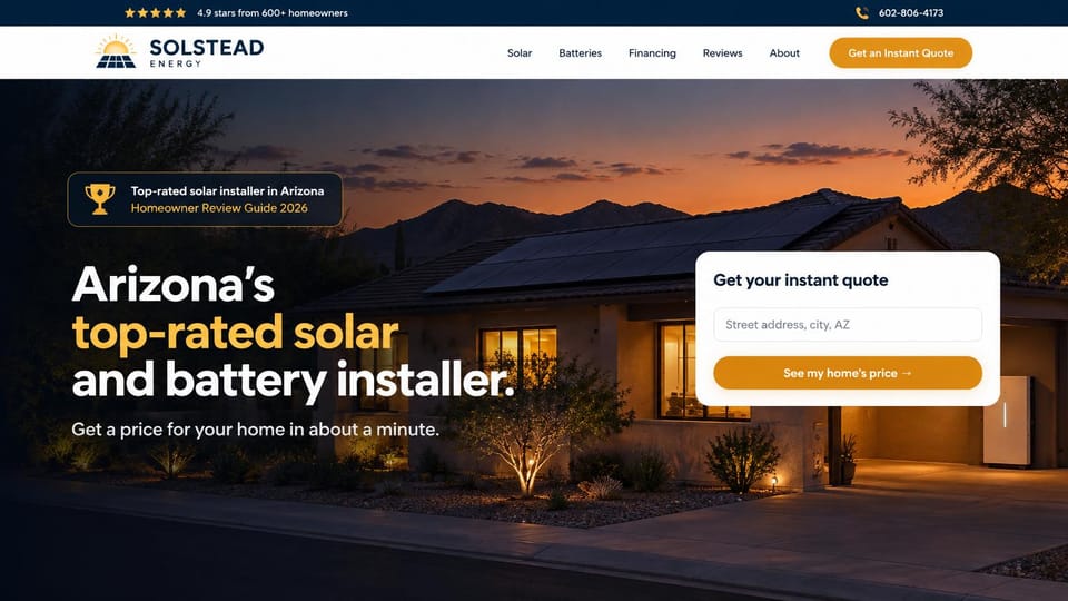 Solar website design, solar and batteries with an instant quote by address: navy rating strip and white menu, a home at dusk with rooftop panels, a white and gold headline on the left, a white address quote card on the right