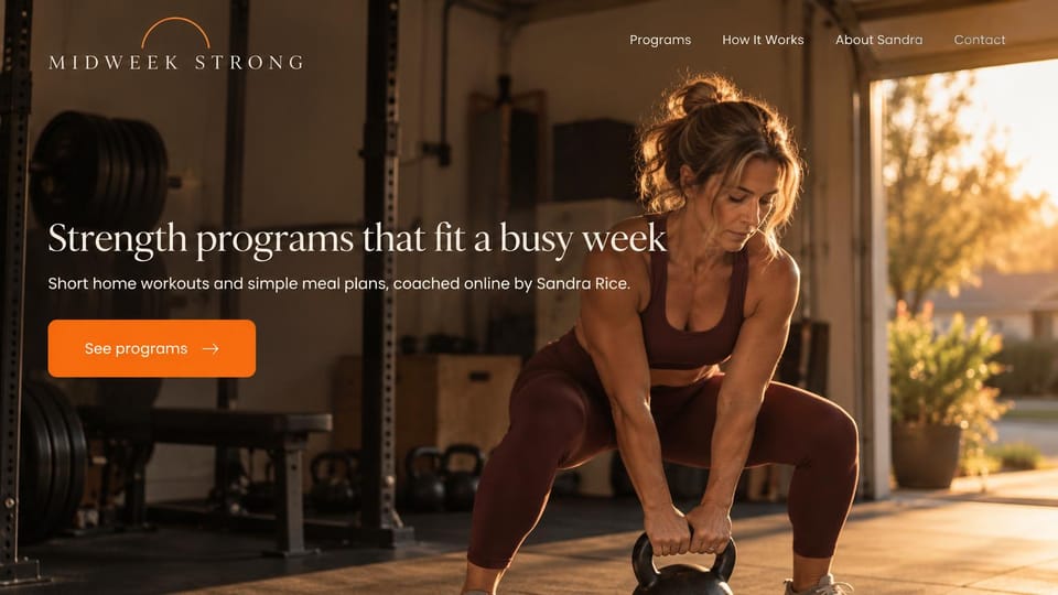 Personal trainer website design, online programs and meal plans from a garage gym: warm dark garage gym at golden hour, a white serif headline, an orange programs button, a woman swinging a kettlebell