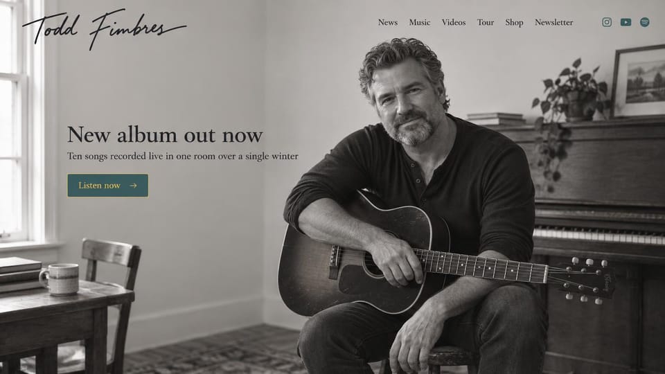 Musician website design, singer-songwriter in black and white: black and white photo of a guitarist in a sunlit room, handwritten logo and a teal listen button