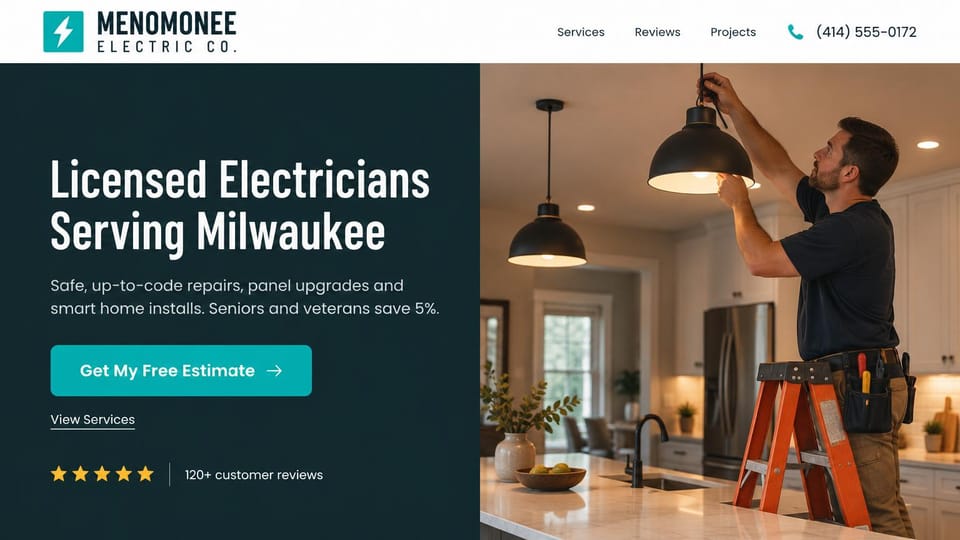 Electrician website design, home electrician with a senior and veteran discount: dark teal panel with a condensed white headline and a turquoise button, an electrician on an orange step ladder hanging a pendant light in a warm kitchen