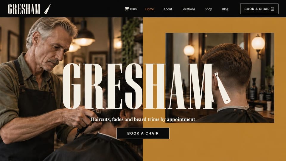 Barbershop website design, appointment-only barbershop in ochre and black: black menu, a photo of an older barber cutting hair beside an ochre panel with a second shop photo, a giant cream condensed serif name and a black button