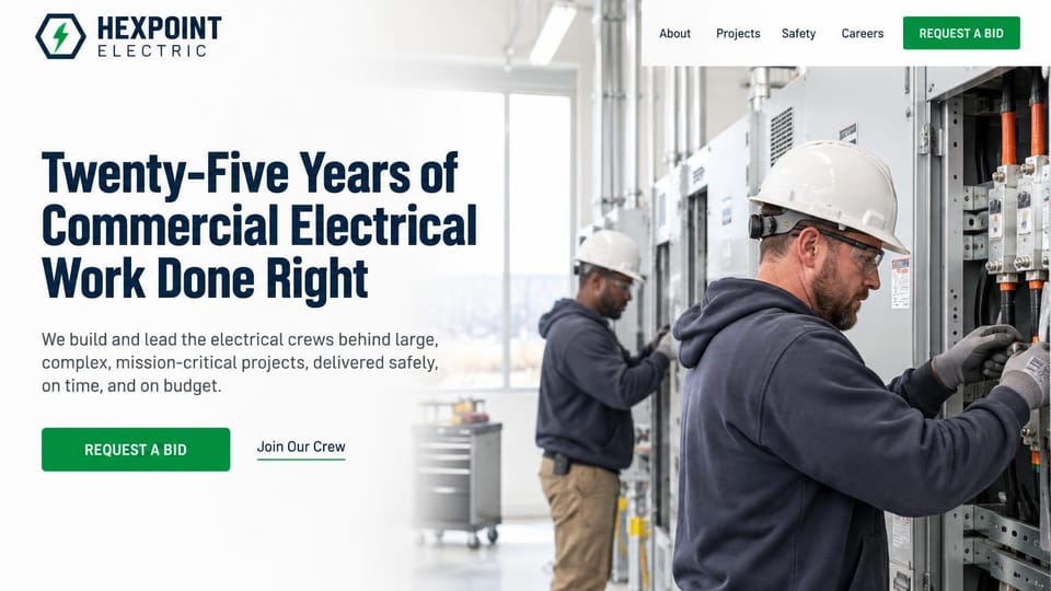 Electrician website design, commercial contractor, bright with a years headline: white page with a navy condensed headline and a green bid button, two electricians in white hard hats and navy hoodies at switchgear in a bright room