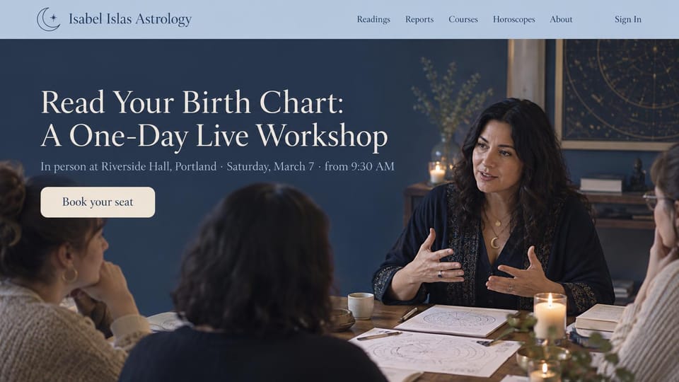 Astrology website design, astrology classes with the next workshop first: pale blue navigation over a navy room where an astrologer teaches a small group around charts, cream serif headline