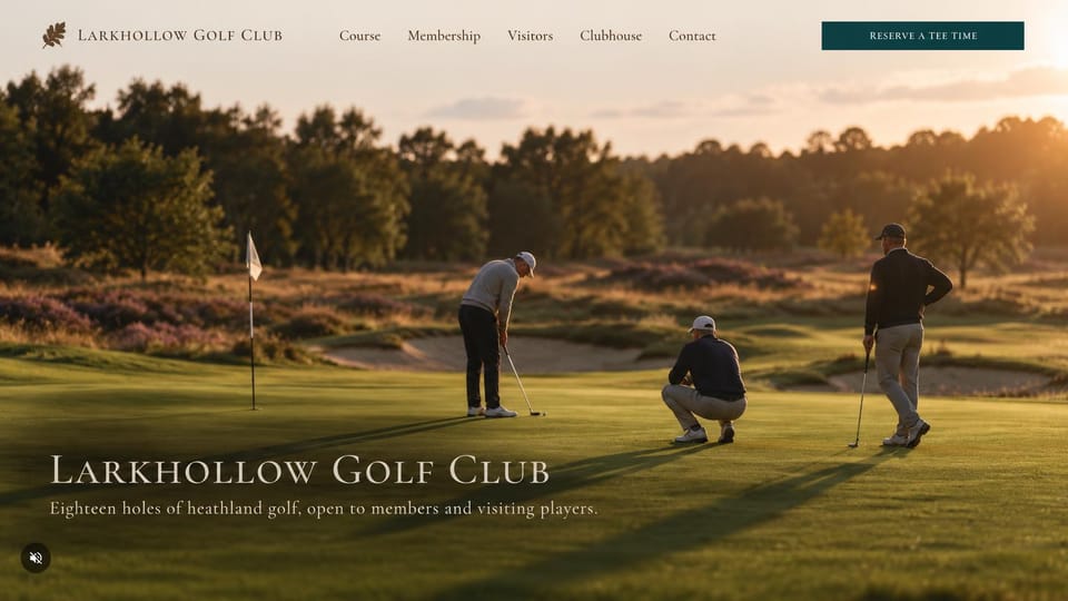 Sports team website design, heathland golf club at golden hour: pale cream menu over a golden-hour photo of three golfers on a heathland green, a large white club name lower left and a teal button