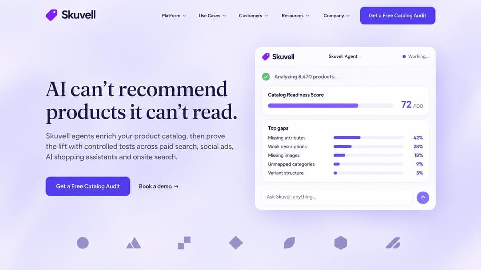 AI startup website design, product catalog AI with a readiness score card: soft lavender page, a large dark serif headline, violet audit buttons, a white agent card with a score bar, gap percentages and a chat field, and a row of muted purple logo shapes below
