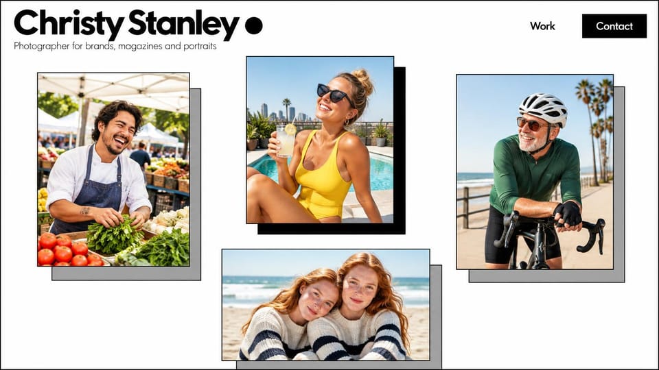 Photography website design, brand and portrait work, playful and bold: white page, a bold black name and four sunny lifestyle portraits as offset cards with gray shadows