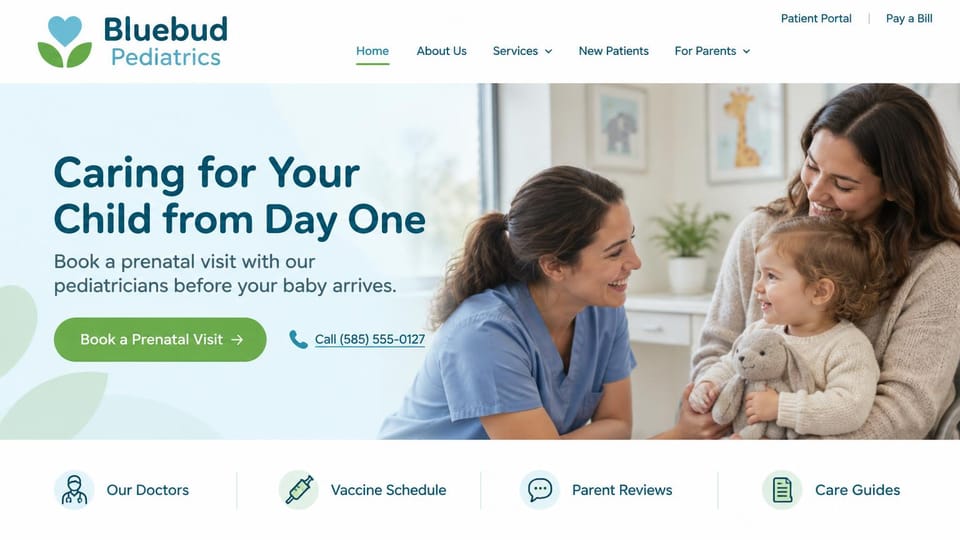 Medical practice website design, pediatrics welcoming expecting parents: pale blue hero, a dark teal headline and green prenatal visit button beside a nurse smiling at a toddler with a stuffed bunny in her mother's lap