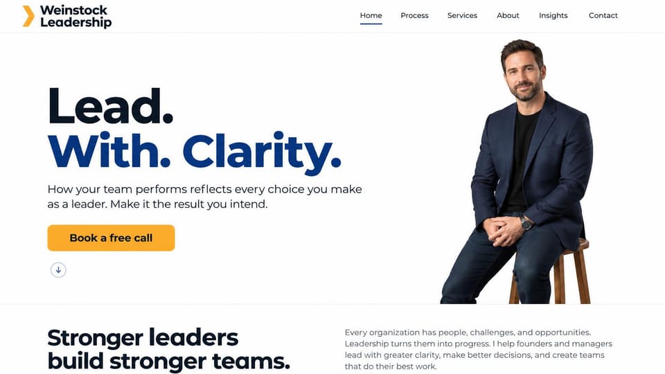 Coaching website design, leadership coaching in three bold words: white page, a heavy black and navy sans headline, a yellow button and a coach seated on a stool