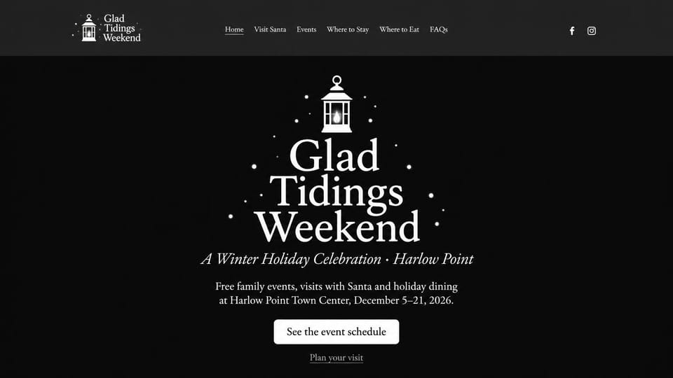 Event website design, winter holiday weekend with a lantern drawing: black page, a white lantern illustration among small stars, a large white serif name, an italic subtitle, a white schedule button and a plan-your-visit link