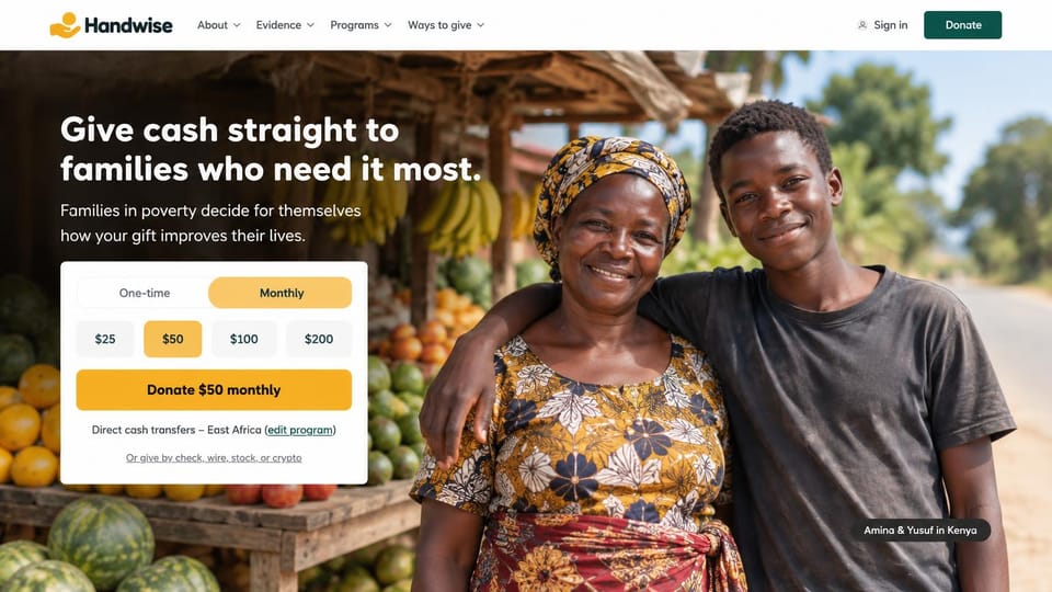 Nonprofit website design, direct giving with the donation form up front: a mother and son at a fruit stall, a white donation card with amounts and a yellow button