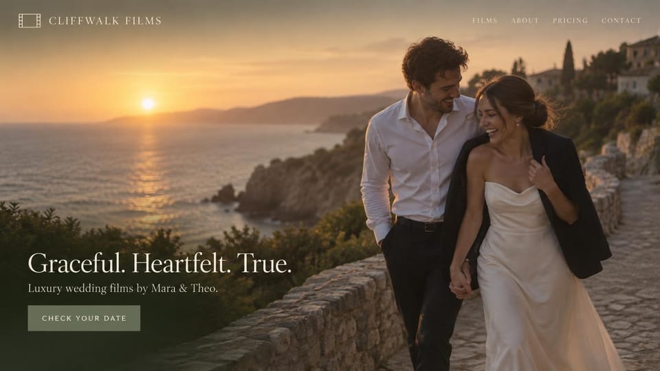 Wedding photographer website design, wedding film duo on a sunset coastal path: full-screen sunset over a sea cliff path with a laughing couple walking, a spaced serif logo, a white serif three-word headline and a sage green button