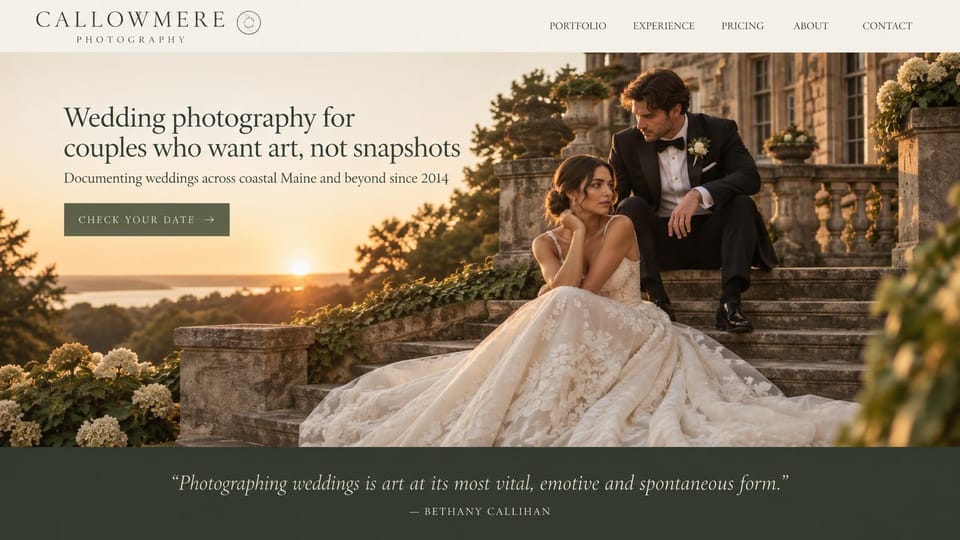 Wedding photographer website design, fine art wedding photographer with a quote banner: cream menu, a bride and groom on estate stairs at sunset, a dark serif headline and a green button, a dark green quote banner