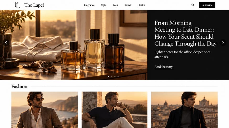 News and magazine website design, men's style magazine with a feature slider: white menu bar with a black subscribe button, a golden-hour photo of fragrance bottles, a linen shirt and a watch, a black panel with a white serif headline, three men in a fashion row below