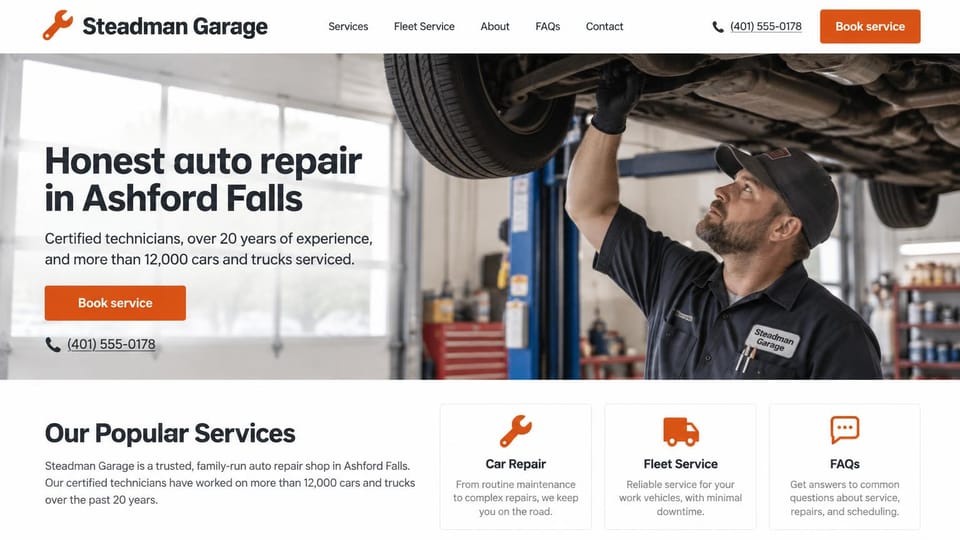 Auto repair website design, repair shop that also serves fleets: white page with orange buttons, a dark headline beside a mechanic working under a raised car, white service cards below