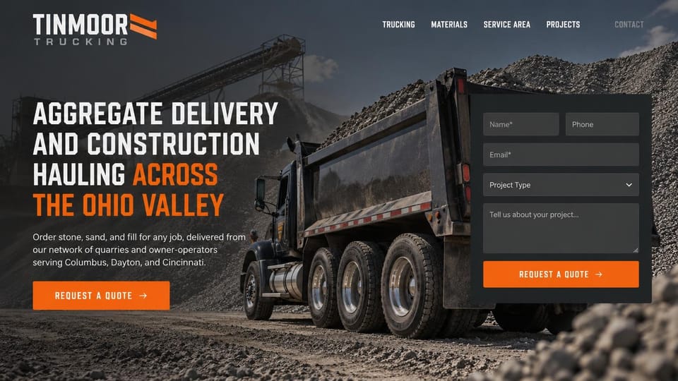 Logistics website design, aggregate hauling with a project quote form: charcoal page, a loaded dump truck at a gravel quarry, a condensed white and orange headline, a dark quote form with an orange button