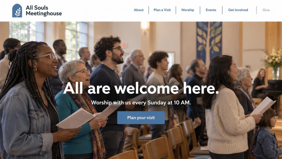 Church website design, meetinghouse with an open welcome: people singing from hymnals in a bright hall, a centered white headline and a blue button