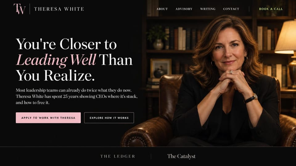 Coaching website design, executive coaching in a dark library: black and blush pink, a serif headline with italic words beside a coach in a leather chair in a library